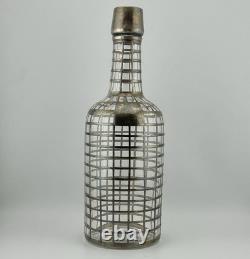 Antique Art Deco Sterling Silver Overlay Grid Glass Decanter Bottle Cork