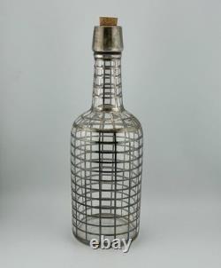 Antique Art Deco Sterling Silver Overlay Grid Glass Decanter Bottle Cork