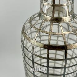 Antique Art Deco Sterling Silver Overlay Grid Glass Decanter Bottle Cork