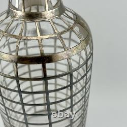 Antique Art Deco Sterling Silver Overlay Grid Glass Decanter Bottle Cork