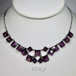 Antique Art Deco Sterling Silver Riviere Amethyst Crystal Glass Bib Necklace