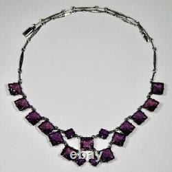 Antique Art Deco Sterling Silver Riviere Amethyst Crystal Glass Bib Necklace