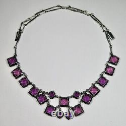 Antique Art Deco Sterling Silver Riviere Amethyst Crystal Glass Bib Necklace