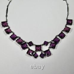 Antique Art Deco Sterling Silver Riviere Amethyst Crystal Glass Bib Necklace