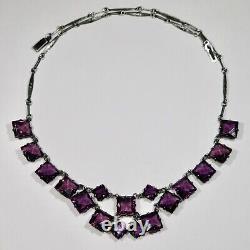 Antique Art Deco Sterling Silver Riviere Amethyst Crystal Glass Bib Necklace