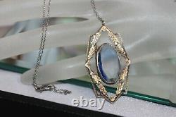 Antique Art Deco Sterling Silver Sapphire Paste Pendant Necklace