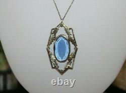 Antique Art Deco Sterling Silver Sapphire Paste Pendant Necklace