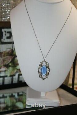 Antique Art Deco Sterling Silver Sapphire Paste Pendant Necklace