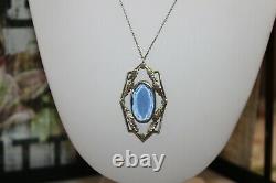 Antique Art Deco Sterling Silver Sapphire Paste Pendant Necklace