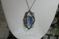 Antique Art Deco Sterling Silver Sapphire Paste Pendant Necklace