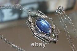 Antique Art Deco Sterling Silver Sapphire Paste Pendant Necklace