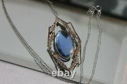 Antique Art Deco Sterling Silver Sapphire Paste Pendant Necklace