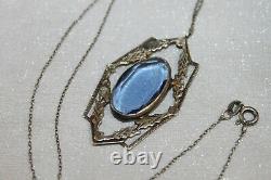 Antique Art Deco Sterling Silver Sapphire Paste Pendant Necklace