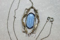 Antique Art Deco Sterling Silver Sapphire Paste Pendant Necklace