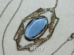 Antique Art Deco Sterling Silver Sapphire Paste Pendant Necklace