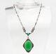 Antique Art Deco Sterling Silver Green Jade Glass Marcasite Necklace