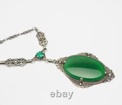 Antique Art Deco sterling silver green jade glass marcasite necklace