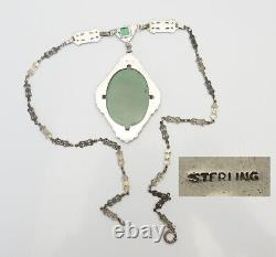 Antique Art Deco sterling silver green jade glass marcasite necklace