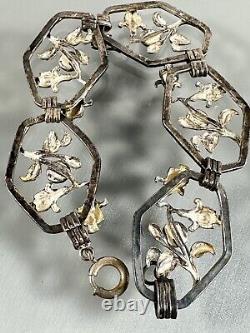 Antique Art Nouveau 925 Sterling Silver Speckled Glass Floral Link Bracelet 7.5