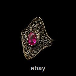 Antique Art Nouveau 925 Sterling Silver + Wine Red Glass Ring Size 9 Iridescent