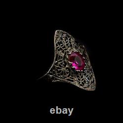 Antique Art Nouveau 925 Sterling Silver + Wine Red Glass Ring Size 9 Iridescent