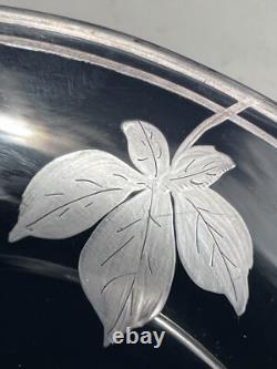 Antique Art Nouveau Deco Black Ruby Red Glass & Sterling Silver Overlay 10 Bowl