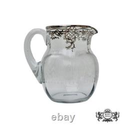 Antique Art Nouveau Glass Sterling Silver Overlay Water Pitcher withEtched Glass