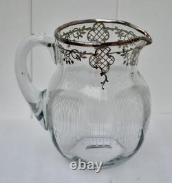 Antique Art Nouveau Glass Sterling Silver Overlay Water Pitcher withEtched Glass