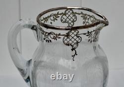 Antique Art Nouveau Glass Sterling Silver Overlay Water Pitcher withEtched Glass