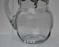 Antique Art Nouveau Glass Sterling Silver Overlay Water Pitcher withEtched Glass