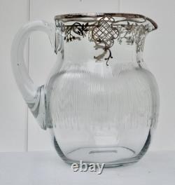 Antique Art Nouveau Glass Sterling Silver Overlay Water Pitcher withEtched Glass