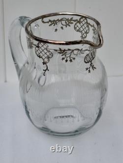 Antique Art Nouveau Glass Sterling Silver Overlay Water Pitcher withEtched Glass
