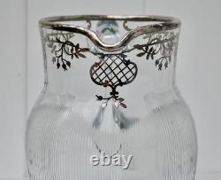 Antique Art Nouveau Glass Sterling Silver Overlay Water Pitcher withEtched Glass