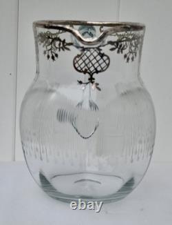 Antique Art Nouveau Glass Sterling Silver Overlay Water Pitcher withEtched Glass
