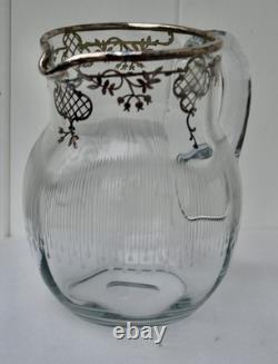 Antique Art Nouveau Glass Sterling Silver Overlay Water Pitcher withEtched Glass