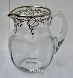 Antique Art Nouveau Glass Sterling Silver Overlay Water Pitcher withEtched Glass