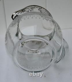 Antique Art Nouveau Glass Sterling Silver Overlay Water Pitcher withEtched Glass