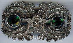 Antique Art Nouveau Green Faceted Glass & Sterling Silver Angel Belt Buckle