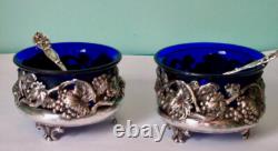Antique Art Nouveau Pair of Open Salt Cellars Sterling Silver Cobalt Blue Glass