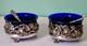 Antique Art Nouveau Pair Of Open Salt Cellars Sterling Silver Cobalt Blue Glass