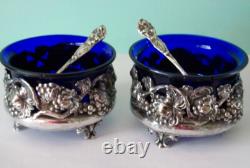 Antique Art Nouveau Pair of Open Salt Cellars Sterling Silver Cobalt Blue Glass