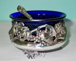 Antique Art Nouveau Pair of Open Salt Cellars Sterling Silver Cobalt Blue Glass
