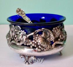 Antique Art Nouveau Pair of Open Salt Cellars Sterling Silver Cobalt Blue Glass