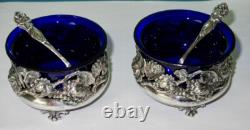 Antique Art Nouveau Pair of Open Salt Cellars Sterling Silver Cobalt Blue Glass