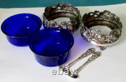 Antique Art Nouveau Pair of Open Salt Cellars Sterling Silver Cobalt Blue Glass