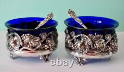 Antique Art Nouveau Pair of Open Salt Cellars Sterling Silver Cobalt Blue Glass