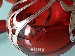 Antique Art Nouveau Perfume Red Glass Bottle with Sterling Silver Overlay. AS-IS