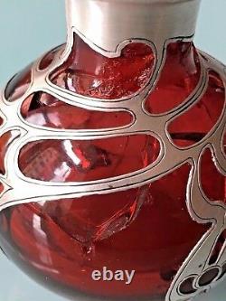 Antique Art Nouveau Perfume Red Glass Bottle with Sterling Silver Overlay. AS-IS