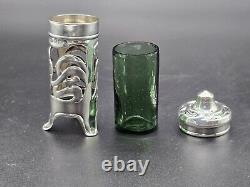Antique Art Nouveau Salt Shaker Emerald Green Glass & Sterling Silver UK/1904