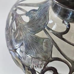 Antique Art Nouveau Silver Overlay Glass Decanter Sterling Floral Design 6